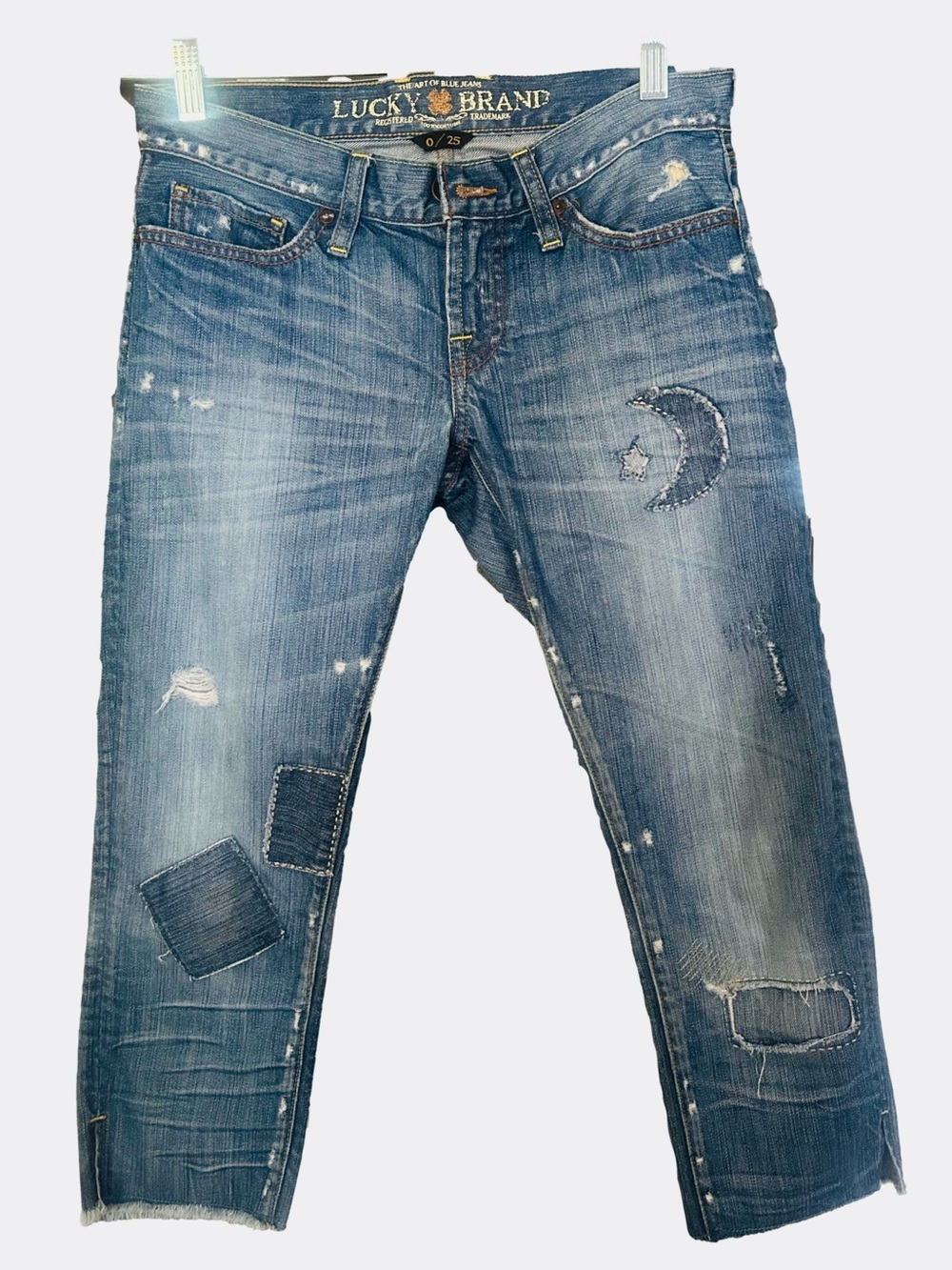 Lucky Brand Denim Moon & Star Distressed Patchwork Crop Jeans Size 25 Boho Y2K